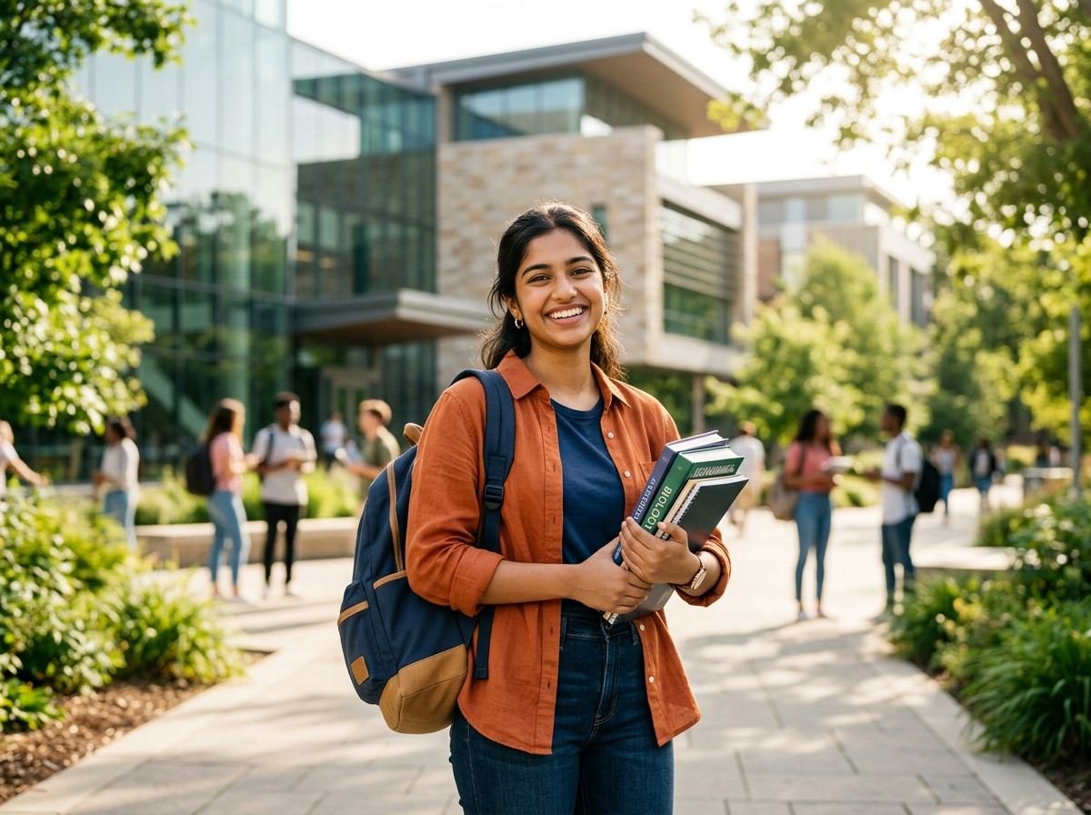 Smiling university student holding books on campus