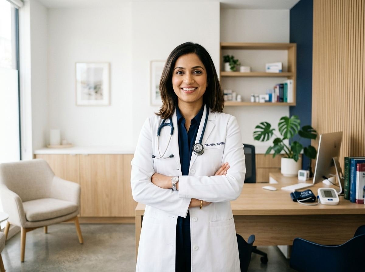 Confident doctor standing in her modern clinic